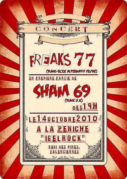 Sham 69 + Freaks 77 à la Péniche Igelrock le 14 octobre 2010 à Valenciennes (59)