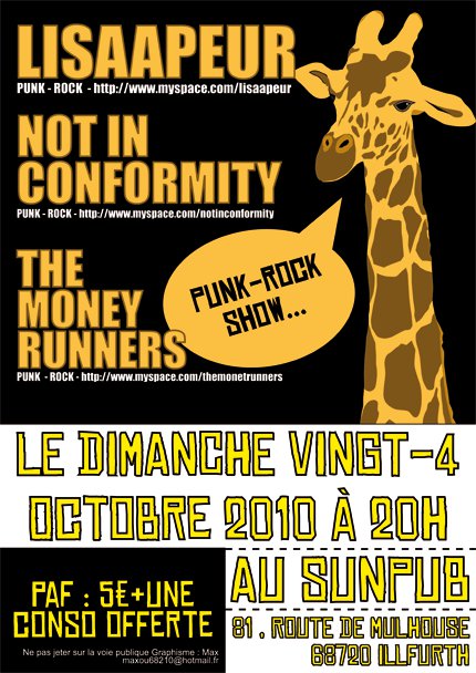 Lisa A Peur + Not In Conformity + The Money Runners au Sun Pub le 24 octobre 2010 à Illfurth (68)