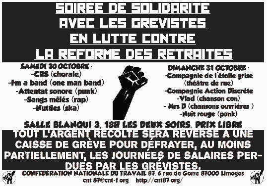 Soirée de solidarité avec les grévistes en lutte le 30 octobre 2010 à Limoges (87)