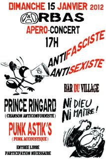 Apéro Concert antifasciste et antisexiste le 15 janvier 2012 à Arbas (31)