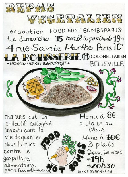 Dîner végétalien - Soutien Food Not Bombs à la Rôtisserie le 15 avril 2012 à Paris (75)