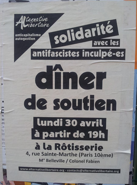 Repas de soutien aux antifascistes inculpé-es à la Rôtisserie le 30 avril 2012 à Paris (75)