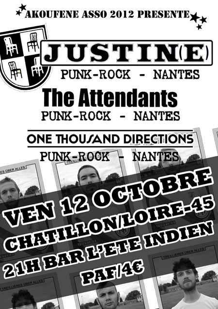 Justin(e)+The Attendants+One Thousand Directions à l'Été Indien le 12 octobre 2012 à Châtillon-sur-Loire (45)