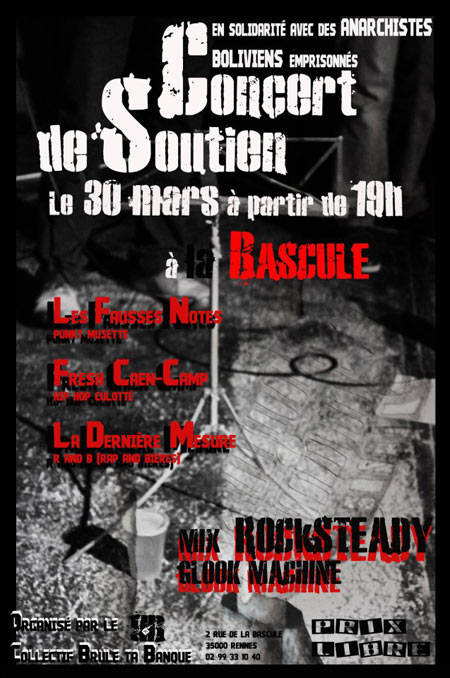 Concert de soutien à des anarchistes boliviens à la Bascule le 30 mars 2013 à Rennes (35)