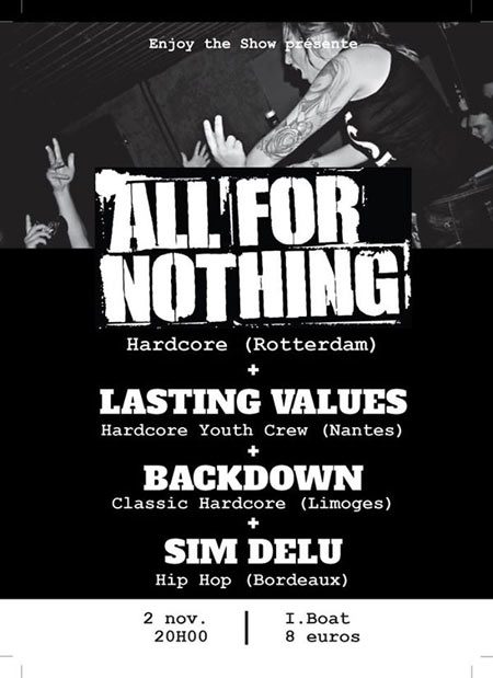 All For Nothing +Lasting Values +Backdown +Sim Delu à l'I.Boat le 02 novembre 2014 à Bordeaux (33)