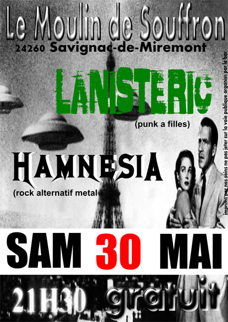 Concert gratuit LANISTERIC + HAMNESIA au Moulin de Souffron le 30 mai 2015 à Savignac-de-Miremont (24)