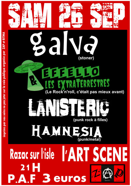 Effello et les Extraterrestres, GALVA, LANISTERIC, HAMNESIA le 26 septembre 2015 à Razac-sur-l'Isle (24)