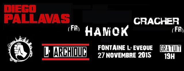 Diego Pallavas + Cracher + Hamok à l'Archiduc le 27 novembre 2015 à Fontaine-l'Evêque (BE)