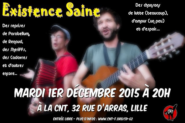 'Existence Saine' sera en concert à la CNT, entrée libre le 01 décembre 2015 à Lille (59)