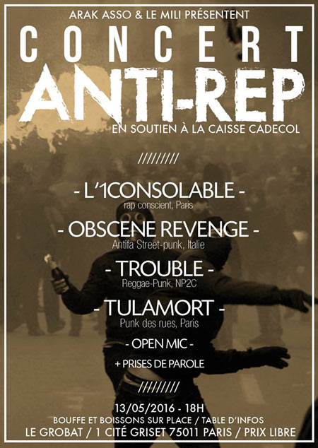 Concert anti-rép ! Punk & Rap le 13 mai 2016 à Paris (75)