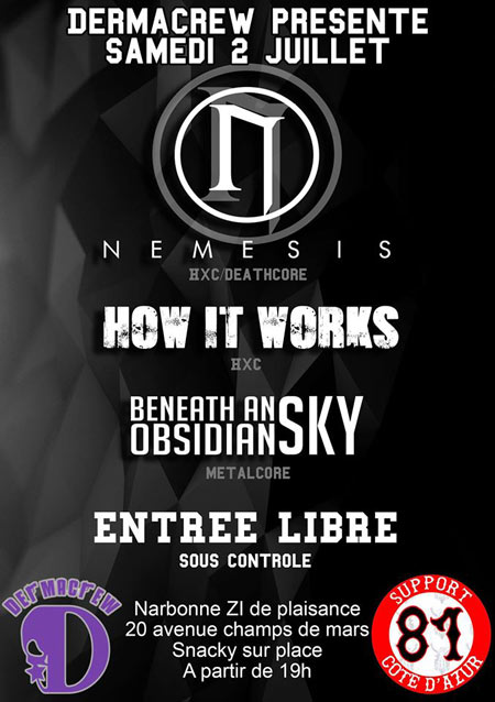 NEMESIS + HOW IT WORKS + BENEATH AN OBSIDIAN SKY le 02 juillet 2016 à Narbonne (11)