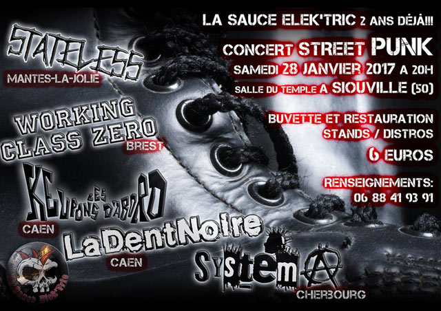 La Sauce Elek'Tric 2 ans déjà!!! Concert Street Punk-5 groupes! le 28 janvier 2017 à Siouville-Hague (50)