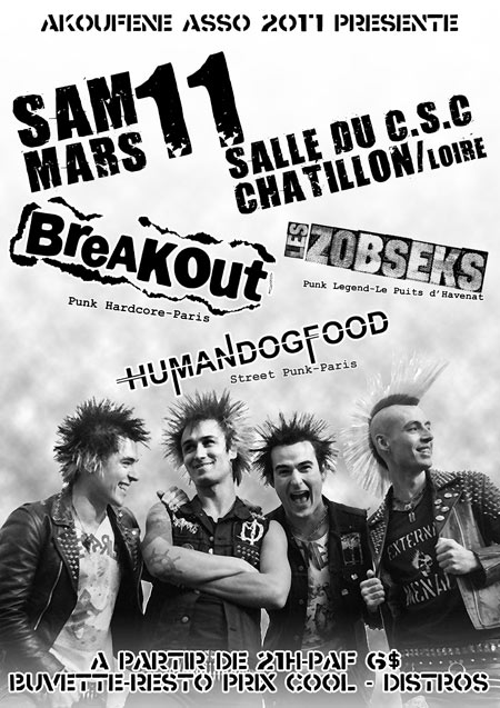 Concert Punk au CSC : BREAKOUT - HUMAN DOG FOOD - LES ZOBSEKS le 11 mars 2017 à Châtillon-sur-Loire (45)
