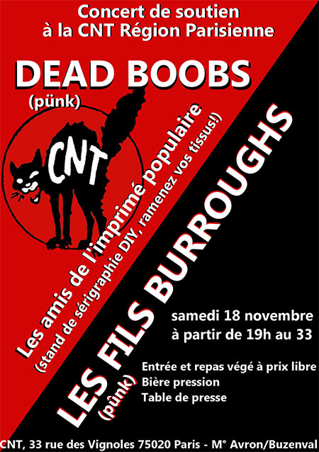 Concert de soutien à la CNT Région Parisienne le 18 novembre 2017 à Paris (75)