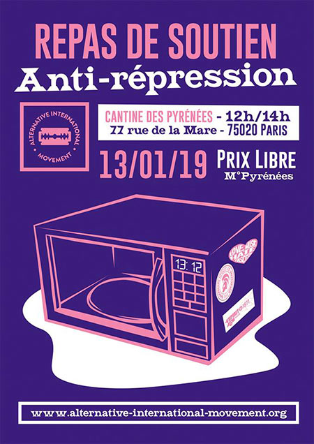 Repas de soutien anti-répression le 13 janvier 2019 à Paris (75)