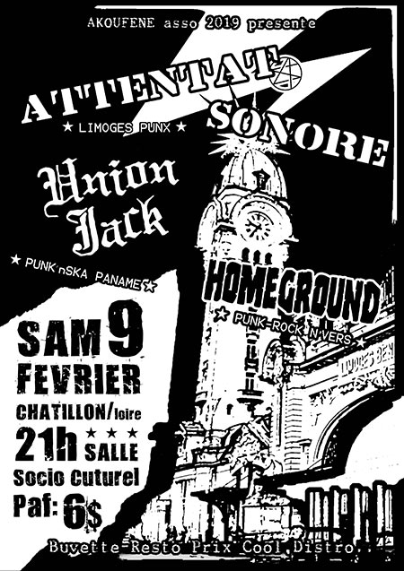 Concert Punk - Attentat Sonore / Union Jack / Homeground le 09 février 2019 à Châtillon-sur-Loire (45)