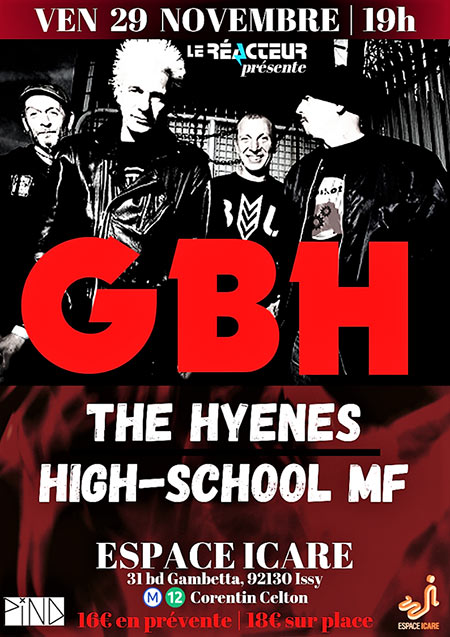 GBH + The Hyenes + High-School Motherfuckers à l'Espace Icare le 29 novembre 2019 à Issy-les-Moulineaux (92)