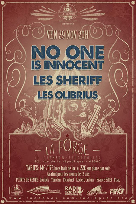 No One Is Innocent + Les Sheriff + Les Olibrius à la Forge le 29 novembre 2019 à Le Chambon-Feugerolles (42)