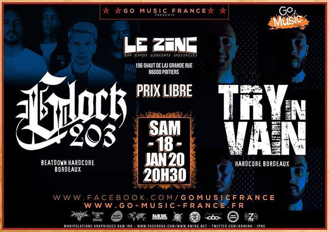 Try In Vain + Glock 203 - Hardcore Show au bar Le Zinc le 18 janvier 2020 à Poitiers (86)