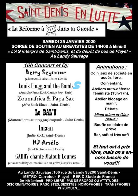 Concert de soutien pour les grévistes au Landy Sauvage le 25 janvier 2020 à Saint-Denis (93)