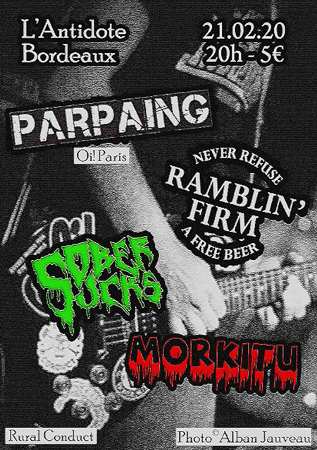 Parpaing + Ramblin' Firm + Sober Suck + Morkitu à l'Antidote le 21 février 2020 à Bordeaux (33)