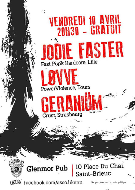 Jodie Faster + LØVVE + Geraniüm au Glenmor Pub le 10 avril 2020 à Saint-Brieuc (22)