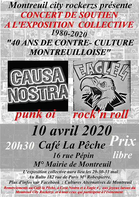 Concert de soutien à l'exposition '40 ans de contre-culture' le 10 avril 2020 à Montreuil (93)