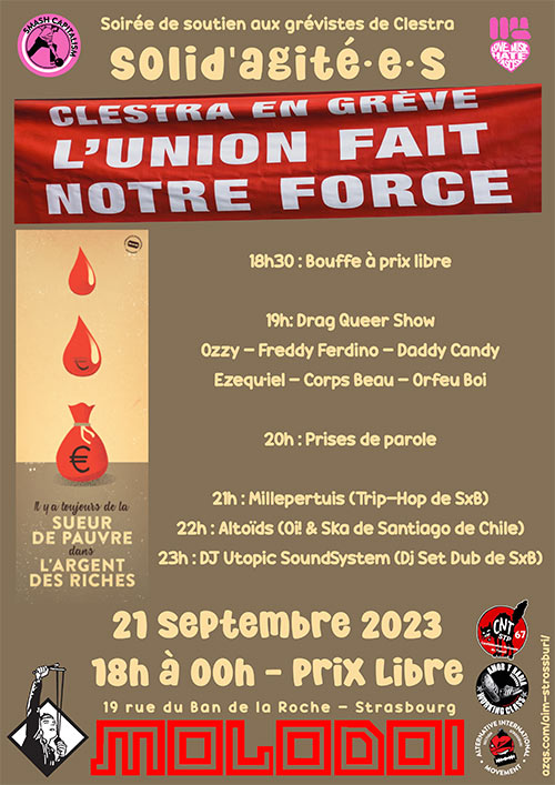 Soirée : Solid'agité·e·s /// Soutien aux grévistes de Clestra le 21/09/2023 à Strasbourg (67)