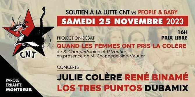 Fête de soutien CNT vs People & Baby à la Parole Errante le 25 novembre 2023 à Montreuil (93)