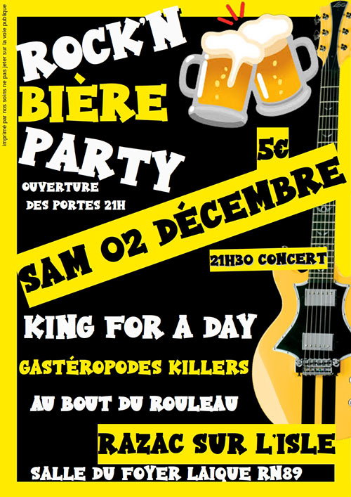 Rock'N'Bière Party à la Salle du Foyer Laïque le 02 décembre 2023 à Razac-sur-l'Isle (24)