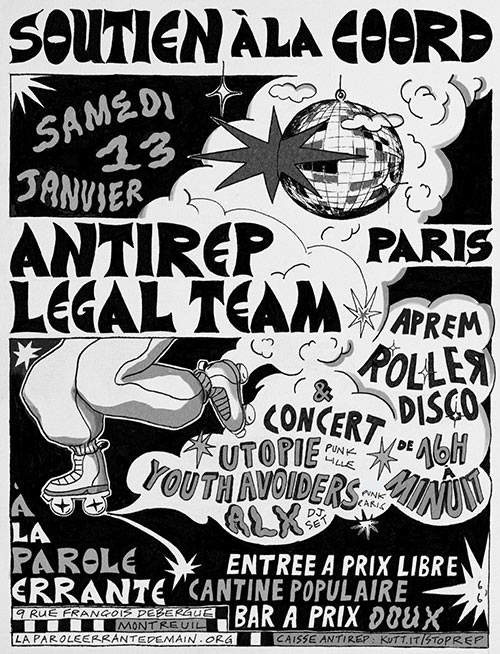 Aprèm/soirée de soutien à la coord Antirep/Legal Team le 13 janvier 2024 à Montreuil (93)