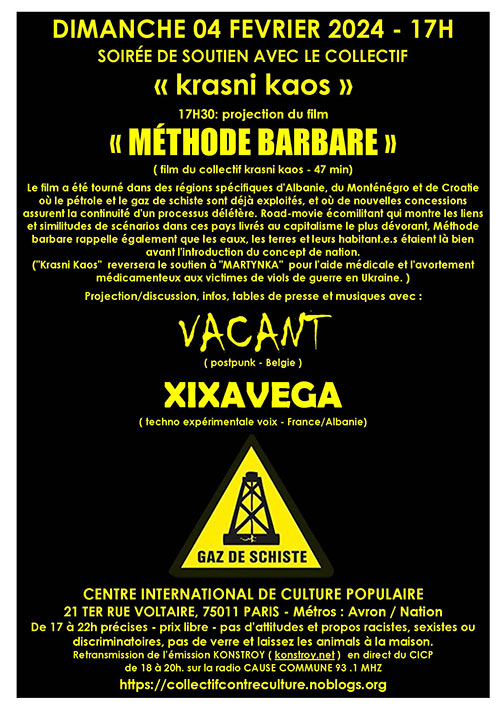 CICP Film ''Méthode Barbare'' Concerts : VACANT et XIXAVEGA le 04 février 2024 à Paris (75)