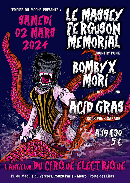 ACID GRAS / BOMBYX MORI / MASSEY FERGUSON MEMORIAL concert PUNK le 02/03/2024 à Paris (75)