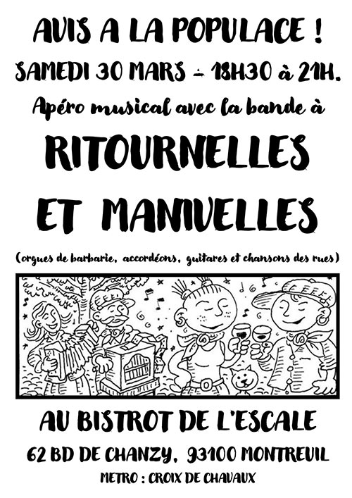 APÉRO MUSICAL AVEC LA BANDE À RITOURNELLES ET MANIVELLES le 30 mars 2024 à Montreuil (93)