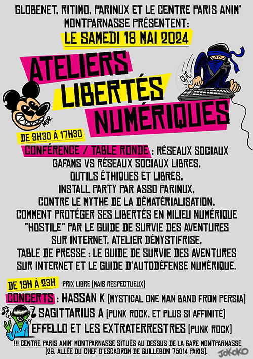 Ateliers sur les libertés informatiques + Soirée concert le 18 mai 2024 à Paris (75)