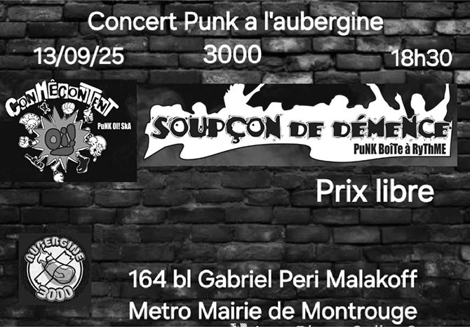 Concert Punk à l'Aubergine 3000 le 13 septembre 2025 à Malakoff (92)
