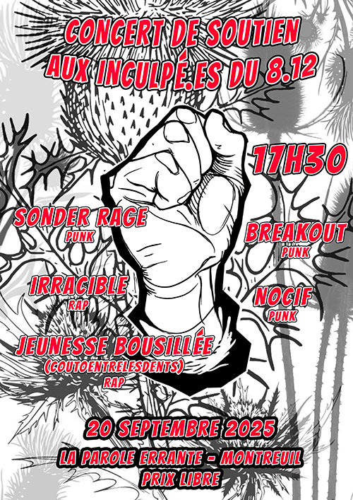 Concert de soutien aux inculpé.es du 8.12 le 20 septembre 2025 à Montreuil (93)