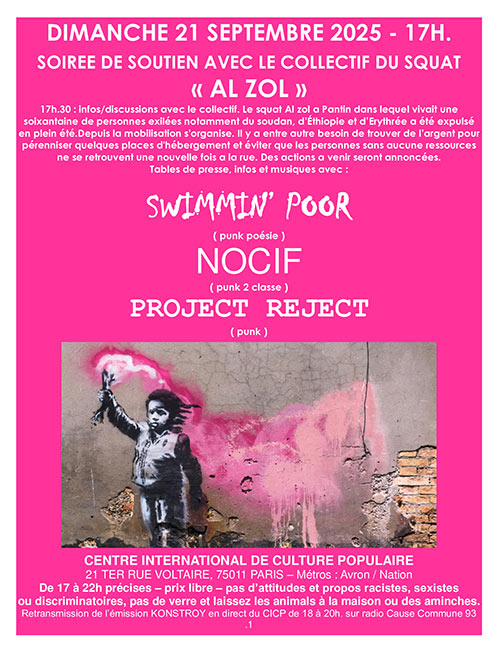 SOIRÉE DE SOUTIEN AVEC LE COLLECTIF DU SQUAT ''AL ZOL'' au CICP le 21 septembre 2025 à Paris (75)