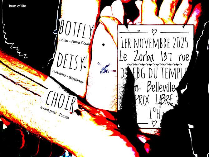 BOTFLY (Noise Post HxC) x DEISY (Screamo) x CHOIR (Avant Post) le 01 novembre 2025 à Paris (75)