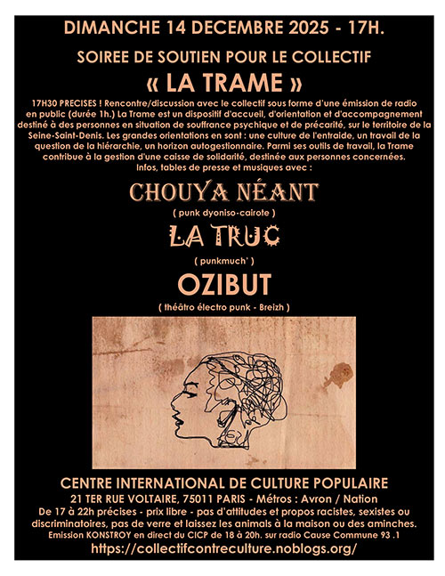SOIRÉE DE SOUTIEN POUR LE COLLECTIF ''LA TRAME'' AU CICP le 14/12/2025 à Paris (75)