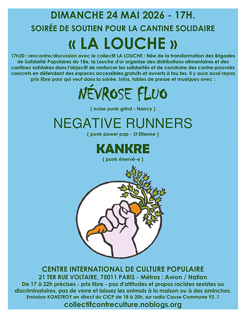 SOIRÉE DE SOUTIEN POUR LA CANTINE SOLIDAIRE ''LA LOUCHE'' @ CICP le 24/05/2026 &agrave; Paris (75)